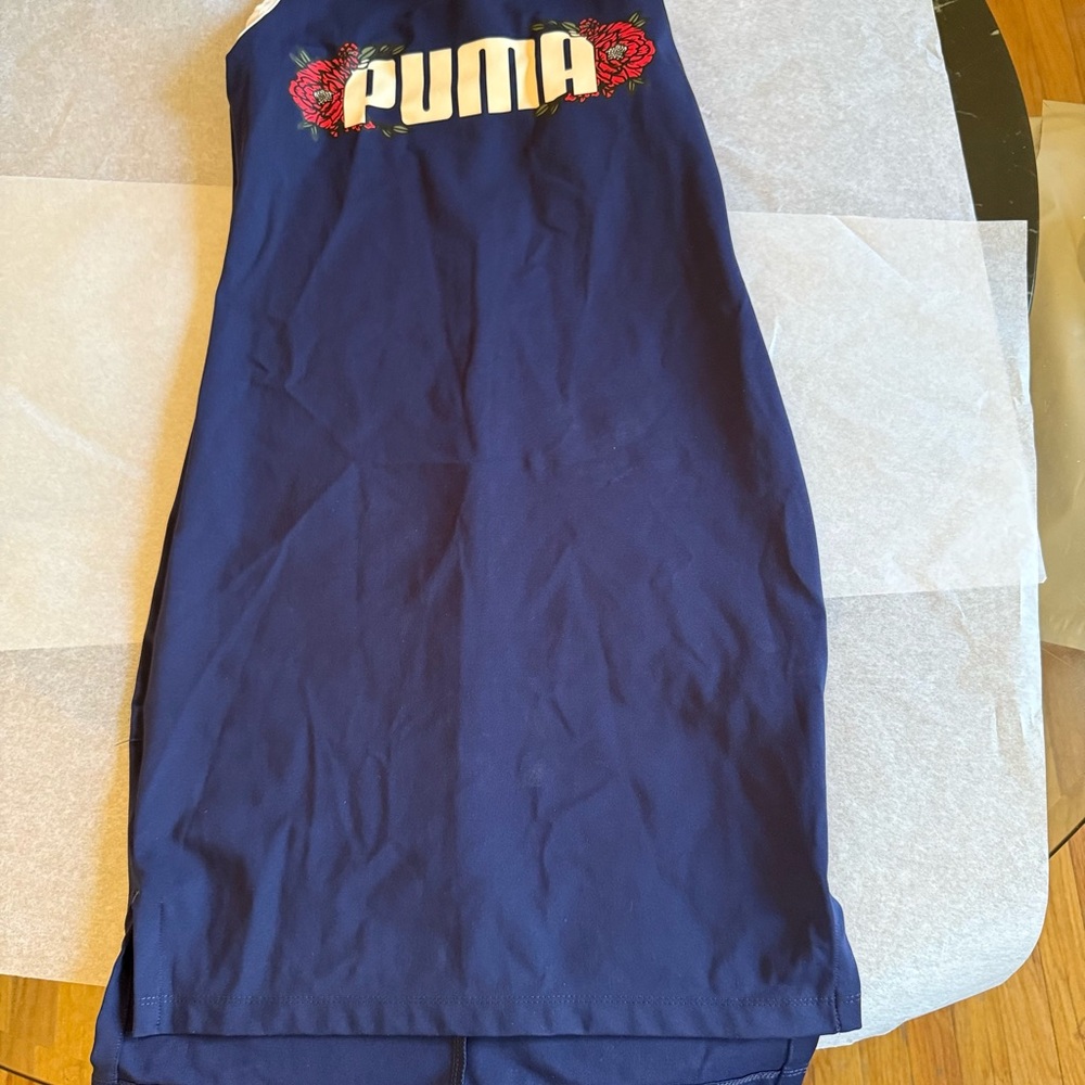 Puma Navy Dress with White Logo and Red Floral Accents